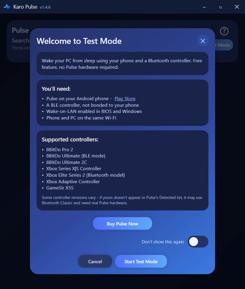 Start Test Mode in the Windows app