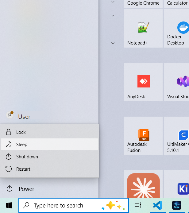 Putting the PC to sleep from the Start menu