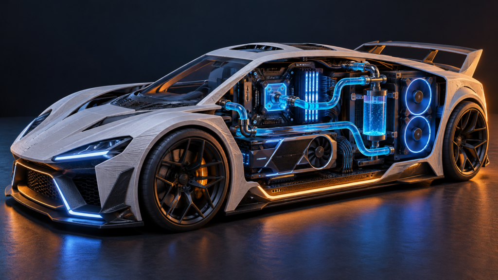 Conceptual editorial illustration of a sports-car-shaped PC with exposed computer components and glowing blue liquid-cooling tubes.