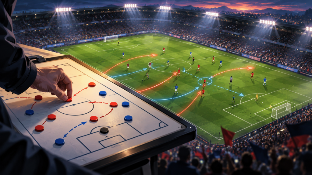 Editorial illustration of a football tactics board overlooking a floodlit stadium, with coloured arrows connecting strategic decisions to the pitch.