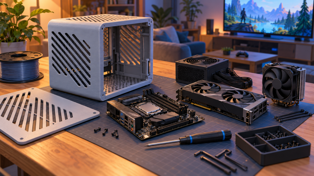 Editorial illustration of a conceptual 3D-printed compact PC enclosure and separate computer components on a workbench beside a living room.