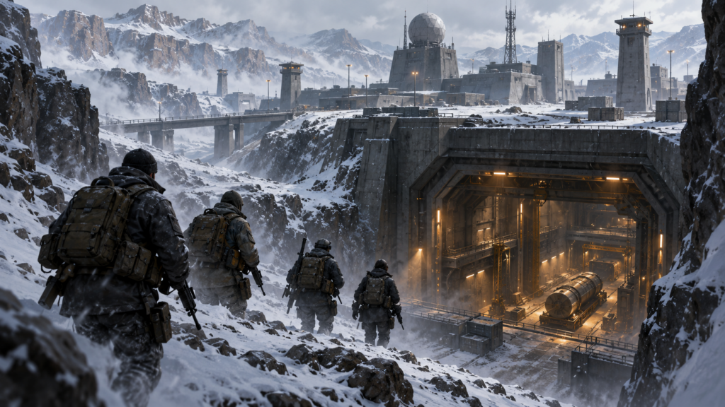 Editorial illustration of an anonymous squad approaching a warmly lit underground military facility in a snowy mountain compound.