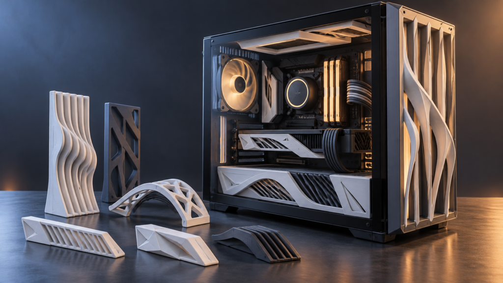 Conceptual editorial illustration of a glass-sided desktop PC with sculptural trim and loose printed inserts on a work surface, not a photograph of the featured build.