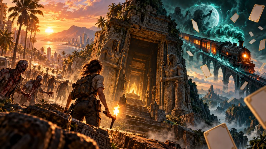 Editorial illustration combining a zombie-filled sunset city, an ancient tomb and a supernatural train surrounded by blank playing cards.