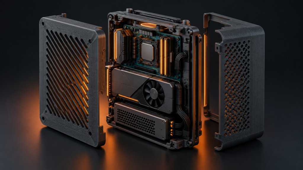 Editorial illustration of a conceptual compact PC with separated printed shell sections and tightly arranged internal components.